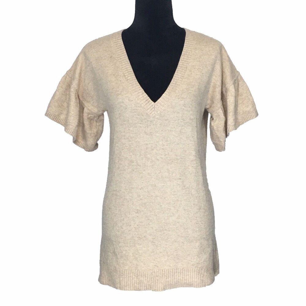 BCBGMaxAzria Sweater XS Heather Beige 100% Lambswool‎ Short Full Sl Deep V